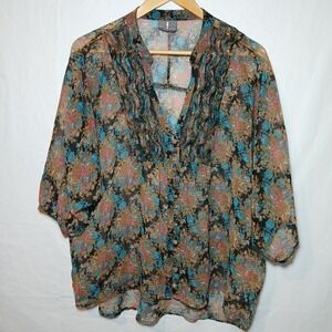 Jeans By Buffalo Top Womens Size XL Petite XLP Sheer Blouse‎ Floral